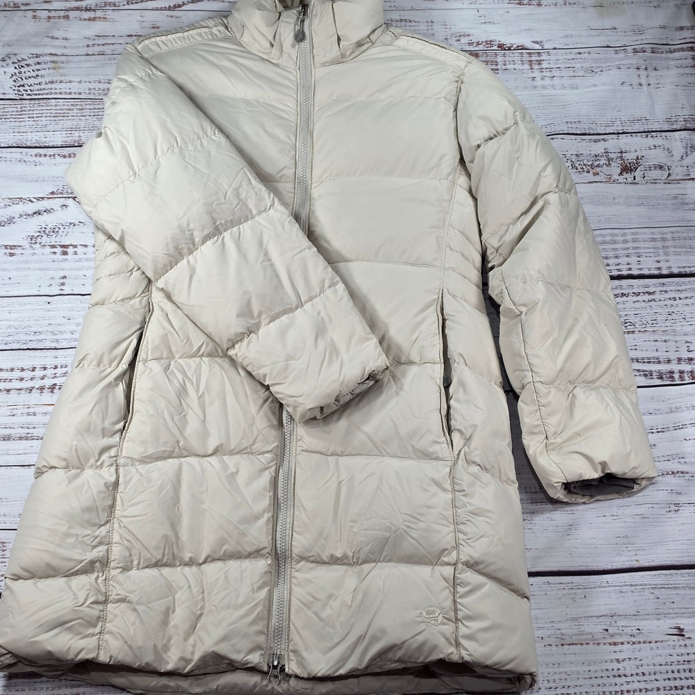 Mountain Hardwear Puffer Parka Women M Cream Down Quilted Long Jacket Full Zip